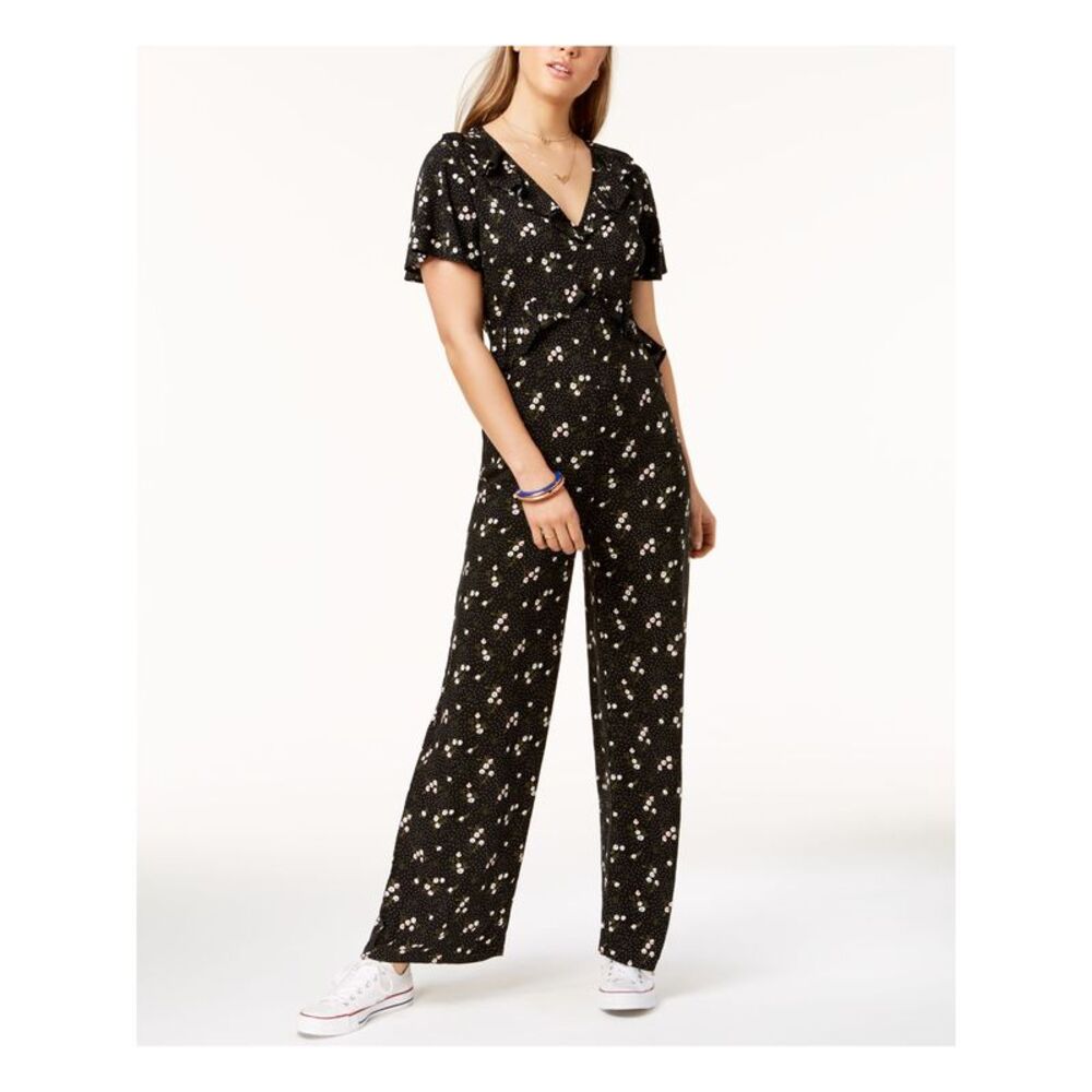 NWT ONE HART Womens Jumpsuit Black Smocked Short Sleeve V Neck Juniors XL